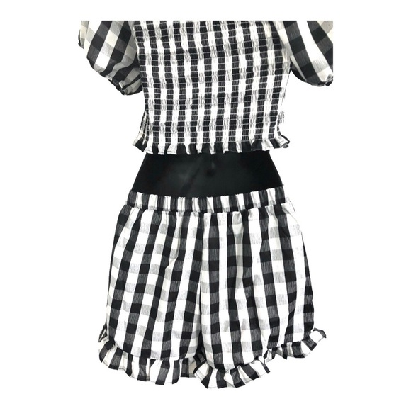 2pc black white checkered gingham ruffle hem smocked top printed shorts set - Picture 12 of 12